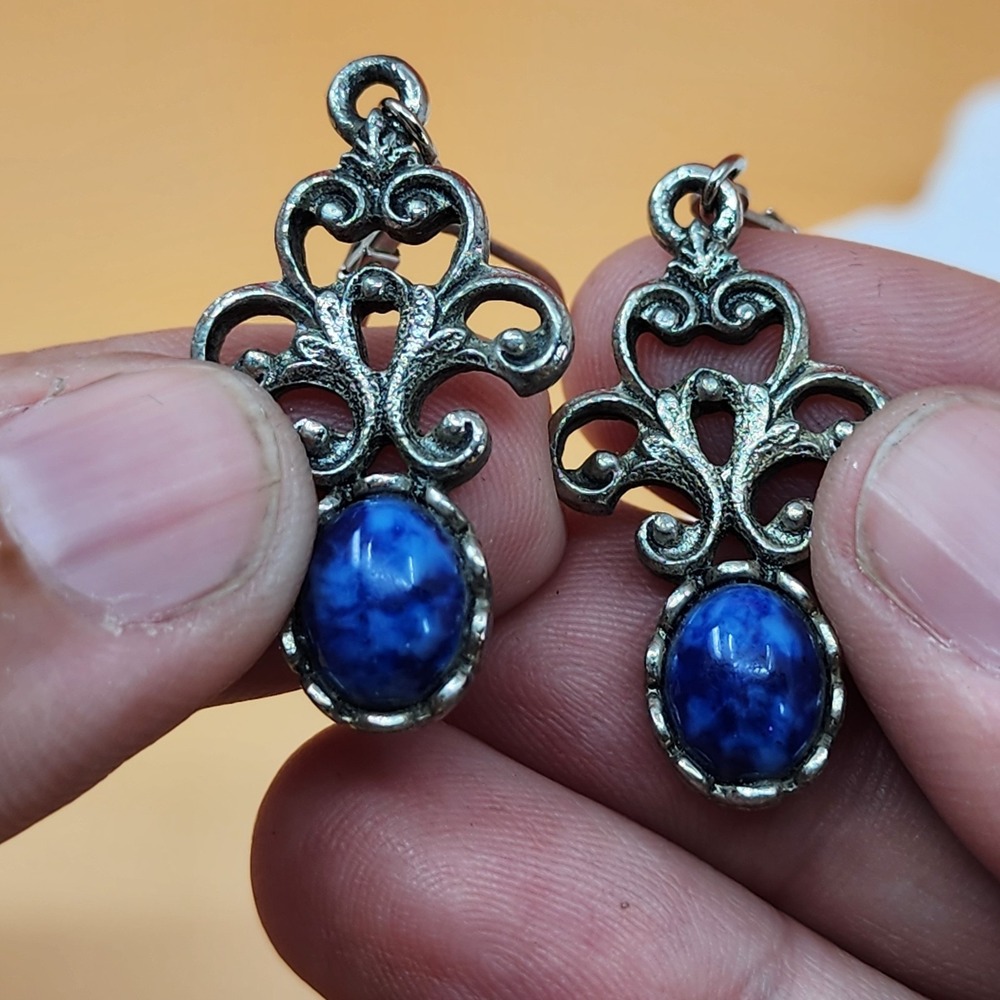 Sarah Coventry Vintage Blue Cabochon Fleur de Lis 925 Sterling Silver Earrings